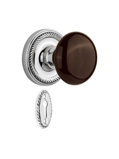 Rope Rosette Mortise-Lock Set with Brown Porcelain Knobs in Polished Chrome.
